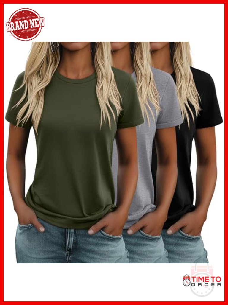 Cotton 3 Pack Women's Short Sleeve Crewneck Tunic Tops Loose Fit Basic Tee